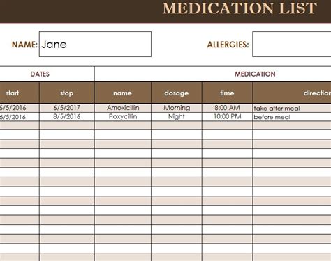 Excel Printable Medication List Template