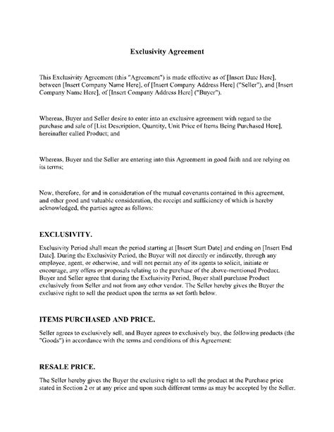 Exclusivity Agreement Template Contract