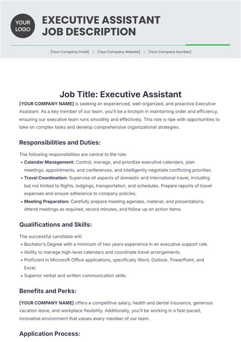 Executive Assistant Job Description Template