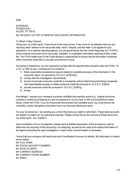 Experian Dispute Letter Template