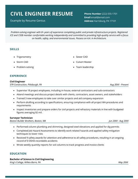 Experienced Civil Engineer Resume Sample