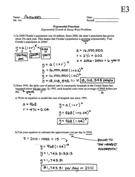 Exponential Functions Word Problems Worksheet Pdf exponential growth