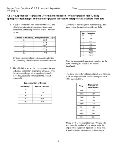 Exponential Regression Worksheet