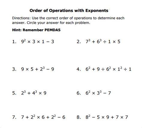 Exponents Order Of Operations Worksheet