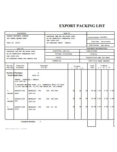 Export Packing List Template