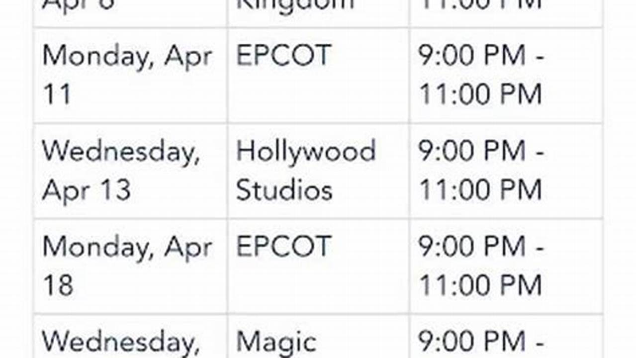 Extended Evening Hours Calendar