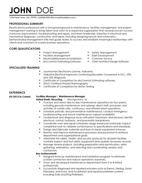 Facilities Manager Resume Sample