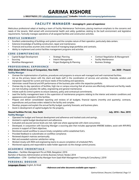 Facility Manager Resume Sample