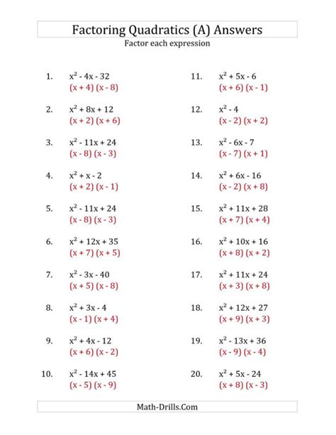 Factoring Trinomials Worksheet Answer Key