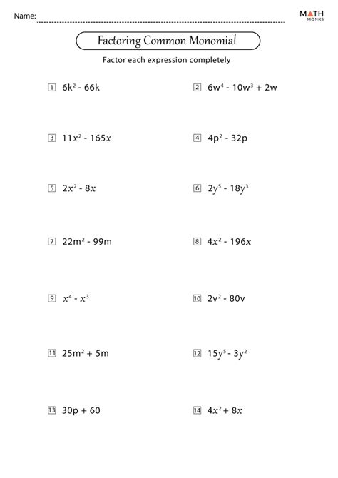 Factoring Monomials Worksheet
