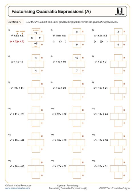 Factorising Quadratic Expressions Differentiated Worksheet | Teaching