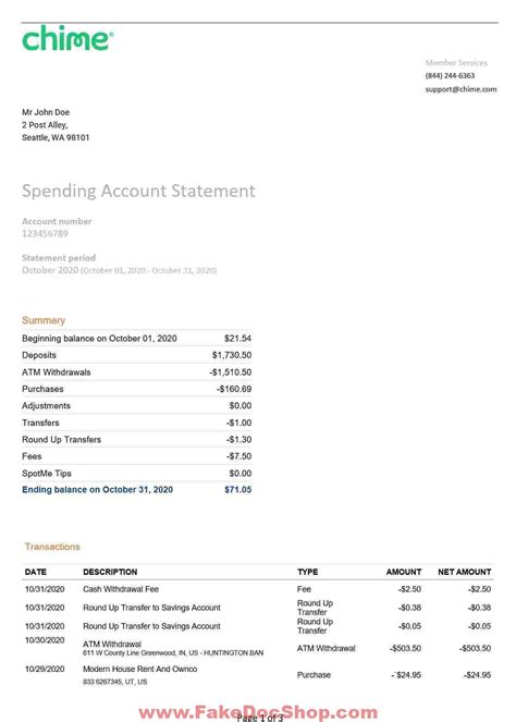 Fake Chime Bank Statement Template