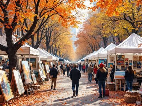 Image of a fall art fair with colorful booths and attendees browsing artwork