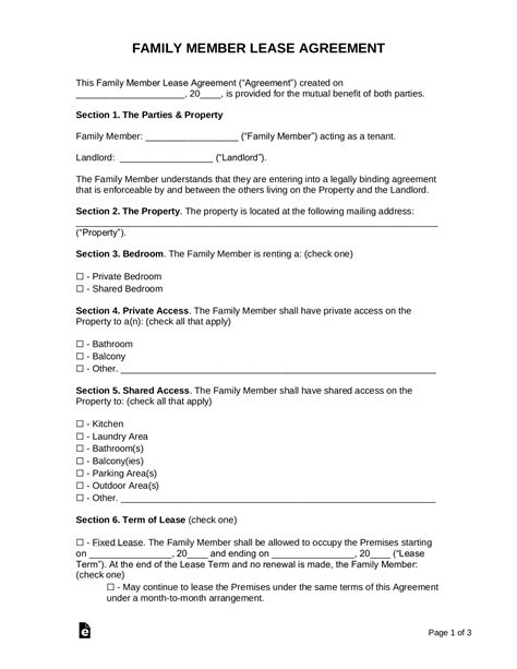 Family Member Printable Rental Agreement Template