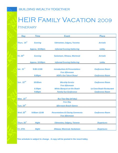 Family Reunion Itinerary Template Free