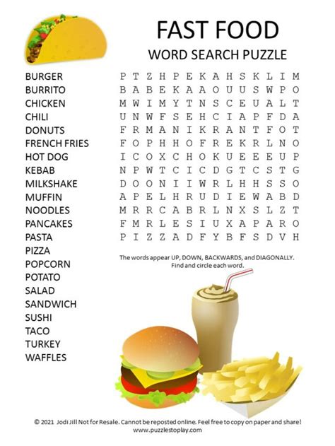 Fast Food Word Search Printable