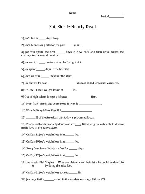 Fat Sick And Nearly Dead Worksheet Answers