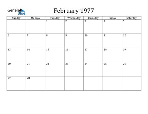 Feb 1977 Calendar