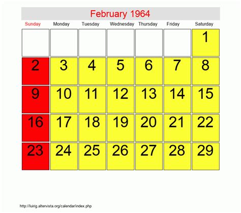 Feb 1964 Calendar