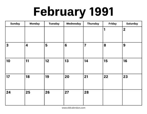 Feb 1991 Calendar