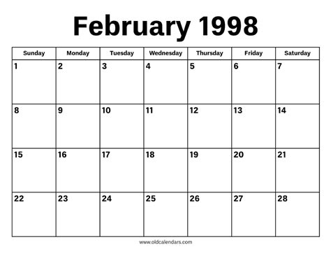 Feb 1998 Calendar