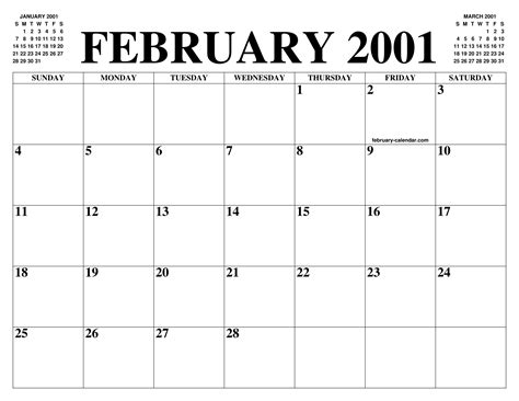 Feb 2001 Calendar