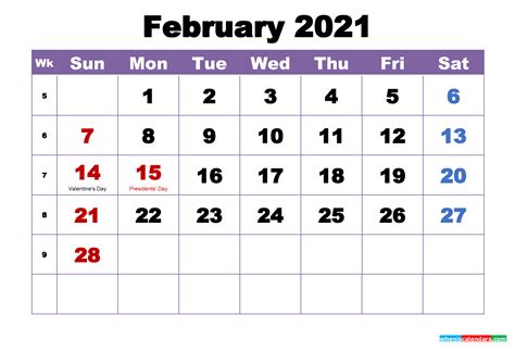 Feb 2021 Printable Calendar