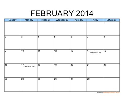 February 2014 Monthly Calendar