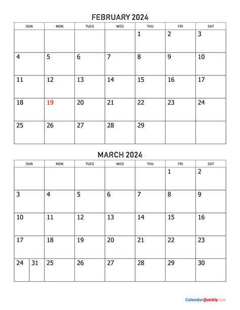 February And March Calendar