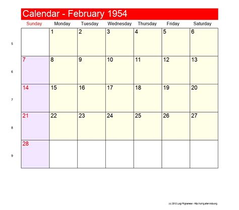 February 1954 Calendar