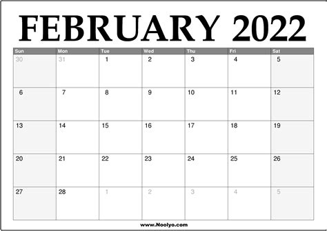 February 2022 Calendar Printable Free