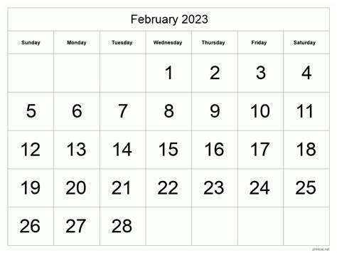 Free Download Printable February 2023 Calendar, large font design