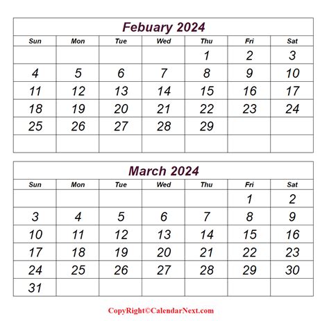 February And March Calendar