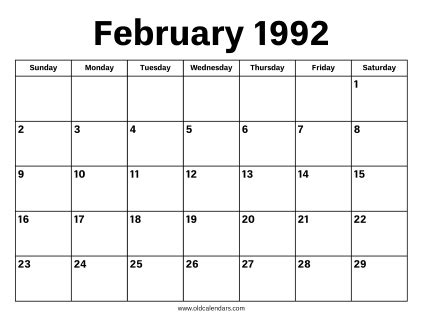 February Calendar 1992