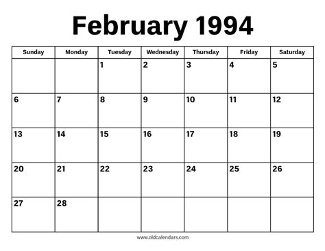 February Calendar 1994