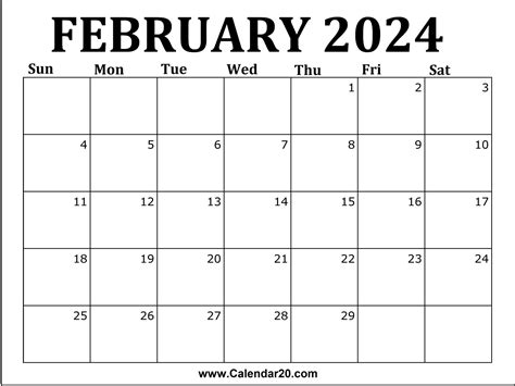 February Calendar Free Printable 2024