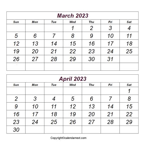 March to April 2023 Printable Calendar Two Months Per Page Printable