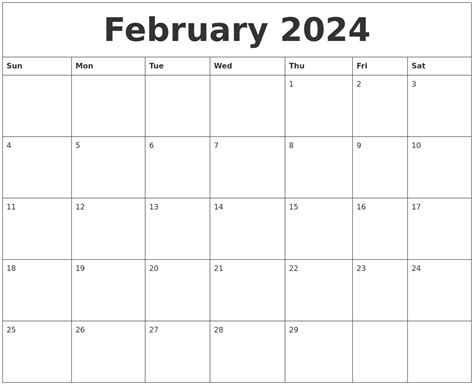 February Printable Calendar 2024