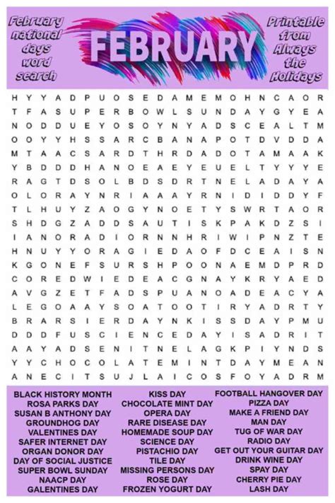 February Word Search Printable