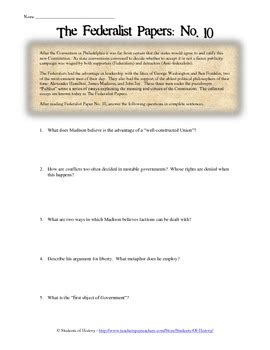Federalist 10 Worksheet Answers