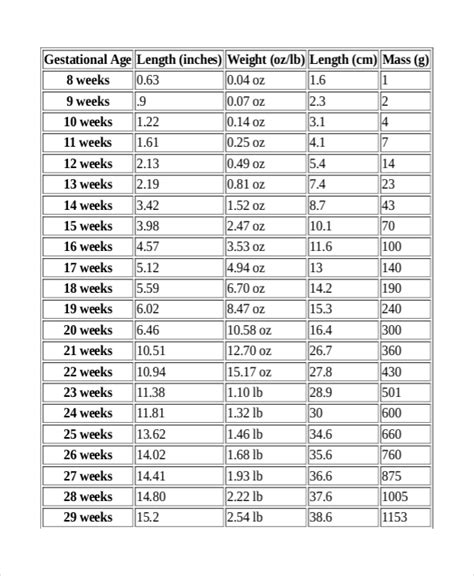 Fetal Weight Gain Chart