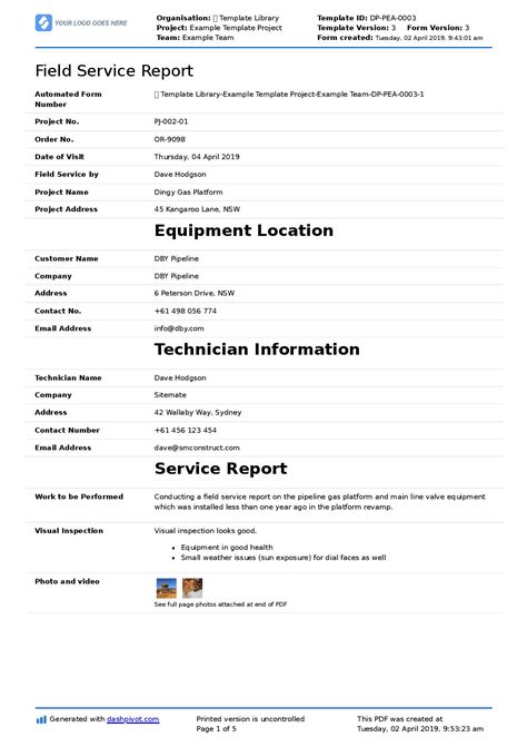 Field Service Report Template Excel
