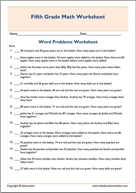 Fifth Grade Math Worksheets For Grade 5 Addition And Subtraction Word Problems