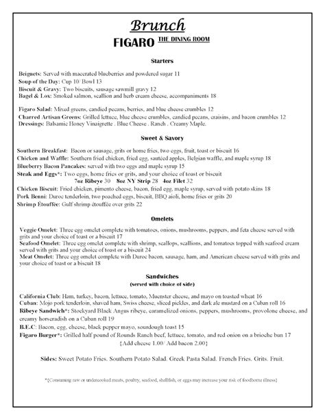 Figaro Dining Room Menu Structure