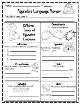 Figurative Language Review Worksheet - Ivuyteq