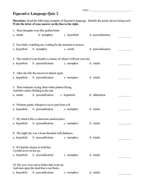 Figurative Language Worksheet 3 Answer Key