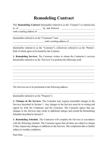 Fill In Blank Printable Remodeling Contract