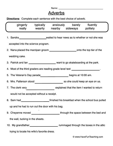 Fill In The Blanks Adverbs Worksheet