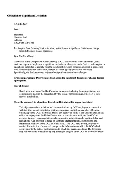 Fillable Objection To Significant Deviation Letter Template printable