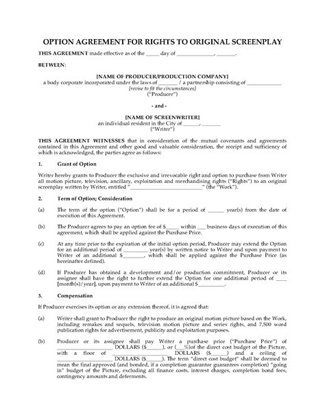 Film Option Agreement Template Theearthe